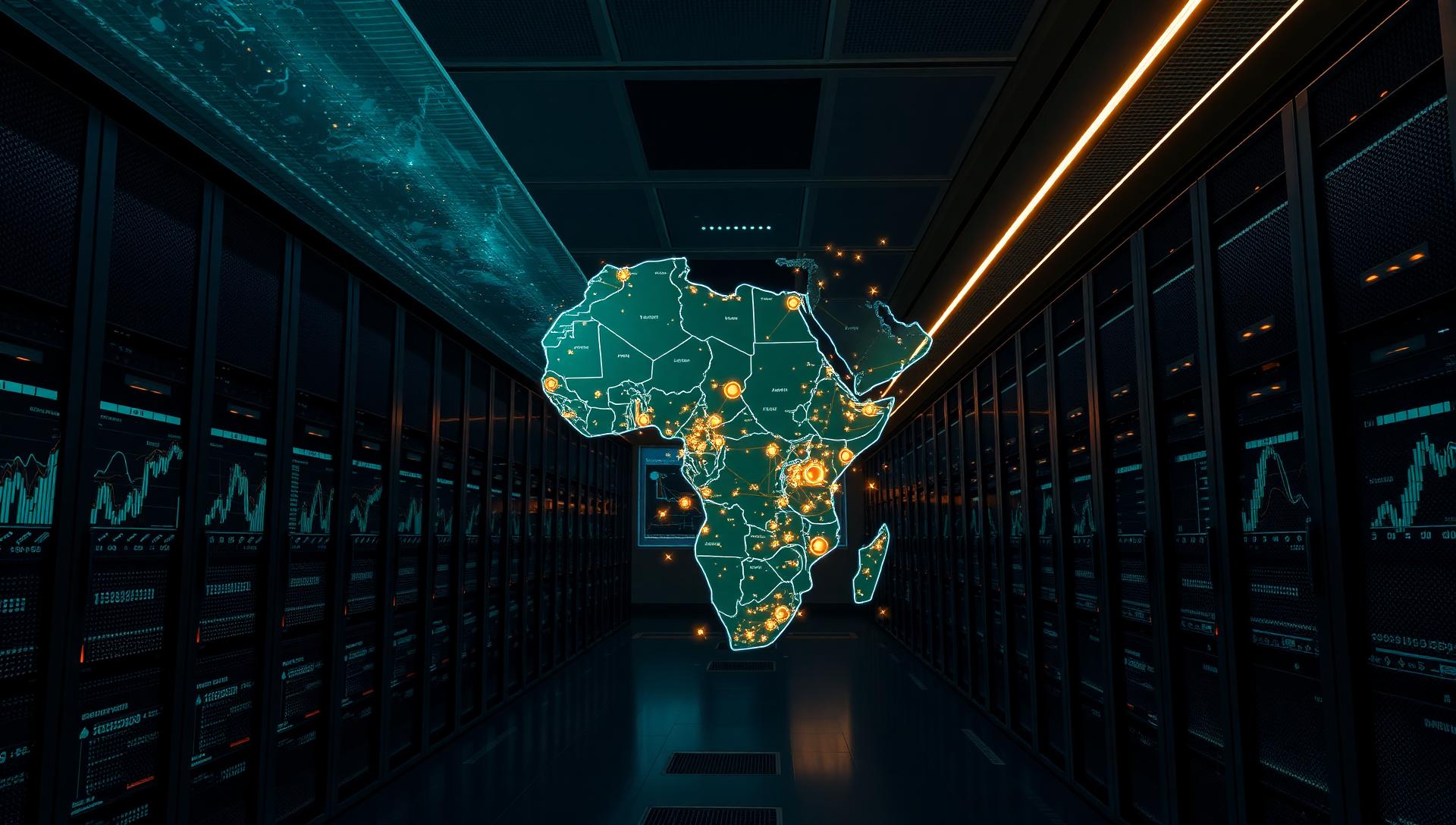 African data center with holographic map of Central Africa